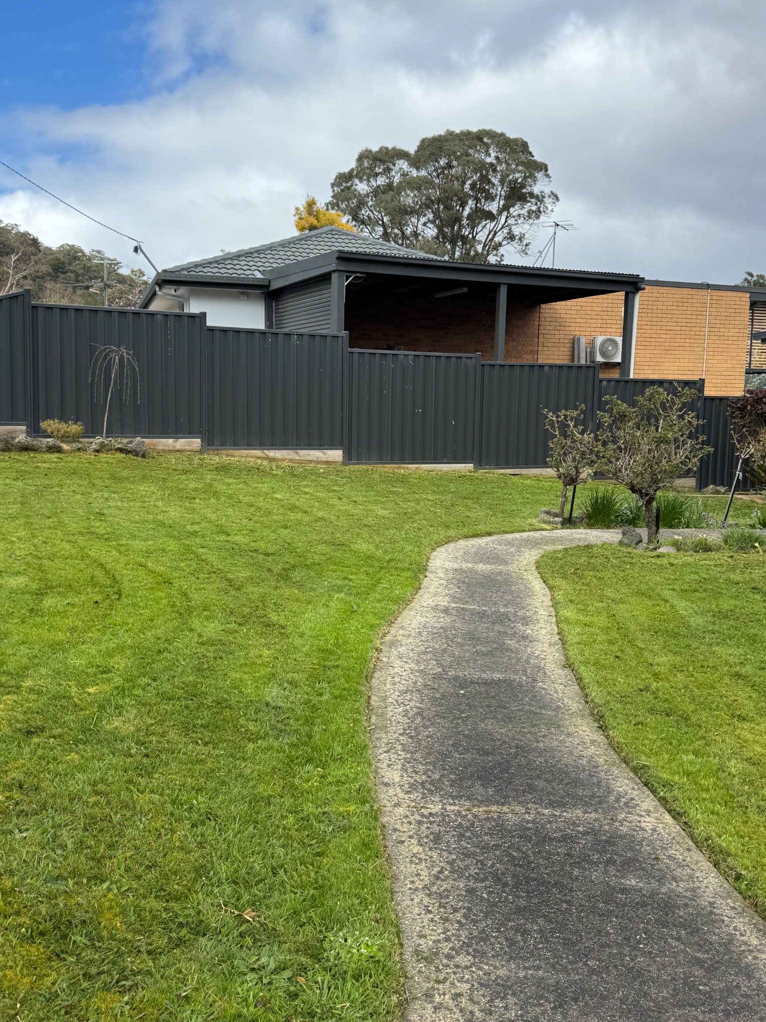 Freshly finished lawn with a curved garden path